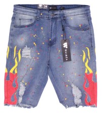 NWT - WAIMEA Men's DISTRESSED FLAME PAINTED M7203D Light Wash DENIM SHORTS - 32