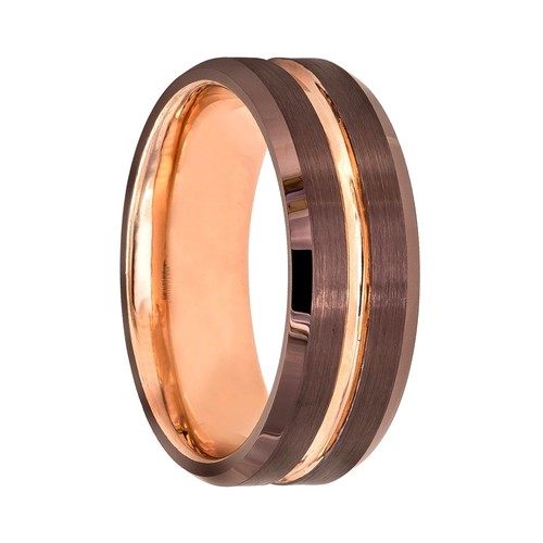 Copper & Rose Plated Grooved Center Tungsten Men's Ring - Picture 3 of 3