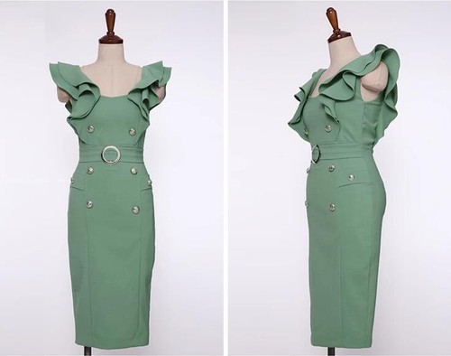 New Womens Chic Square Neck Double Breast Belt Hip Package Pencil Dress Party - Picture 3 of 11