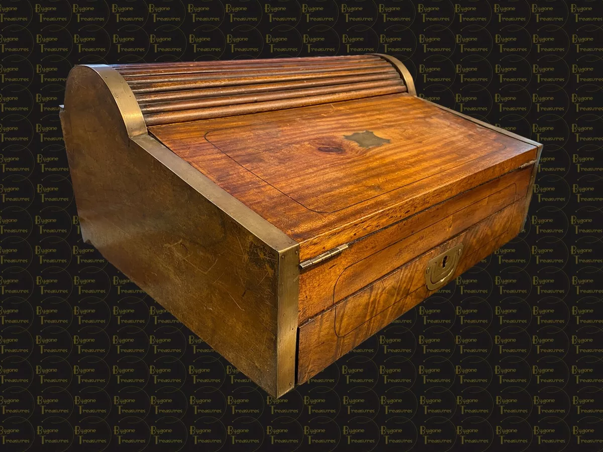 19th Century Military Campaign Camphor Wood Roll Top Writing Slope desk tidy