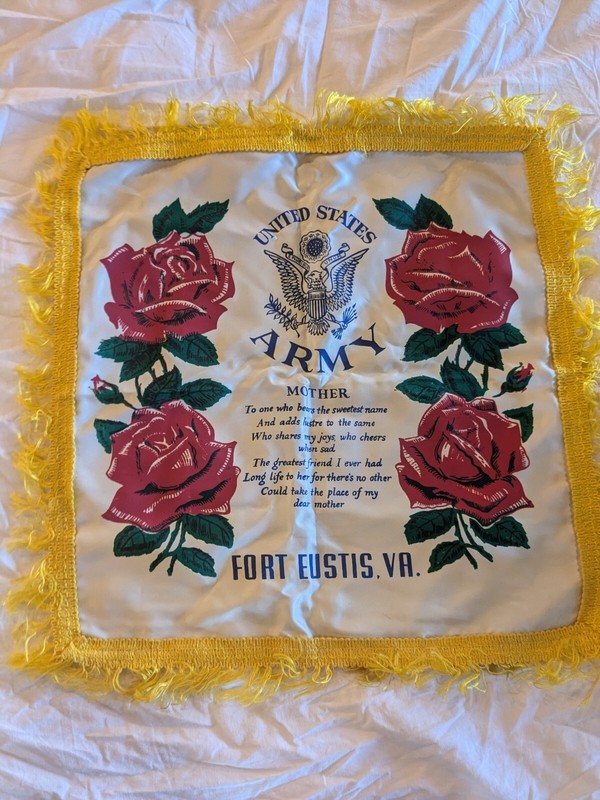Two Vintage US Army  Souvenir Pillow Covers Blue Fringed Edge Fort Eustis VA.
