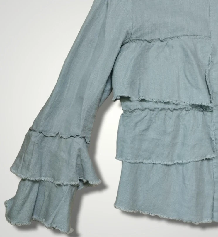 INC International Concepts Tiered Ruffle Full Zip Gray Linen Jacket Size Small - Image 3 of 4