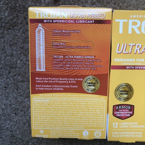 2x Trojan Ultra Ribbed Armor Spermicidal Lubricated Condoms - 12 pack each - Picture 2 of 2