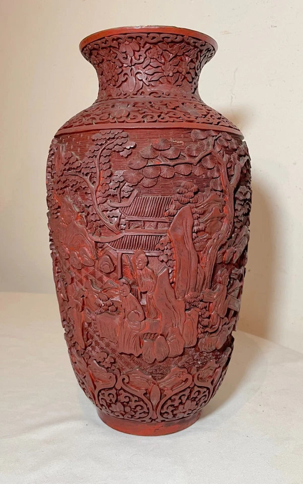 GRAN antiguo siglo XIX chino tallado laca roja cinabrio figurativo jarrón urna Foto 4 de 4