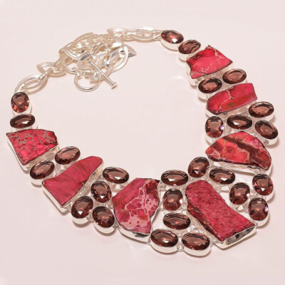 Red Sea Sediment Jasper Amethyst Gemstone Silver Plated Necklace