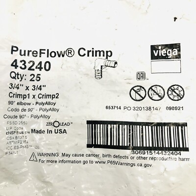 LOT OF 25 VIEGA #43240 PURE FLOW ¾'' CRIMP 90 ELBOW