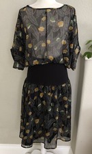 Asos Chiffon Black Floral Midi SZ 8 Dress Dropped Elastic Waist Kimono Sleeves