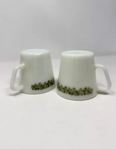 Vintage Pyrex Green Crazy Daisy Flower Milk Glass Mugs Set of 2 Coffee Tea Cups