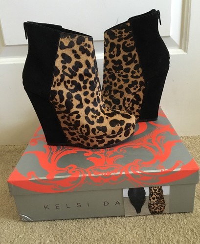 Kelsi Dagger Leopard Black Animal Huette Wedge Bootie Boots Pony Hair Suede * 8