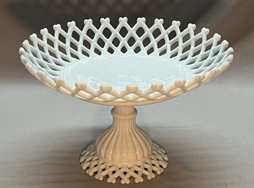 Vintage Westmoreland Open Lattice 10 3/4" Milk Glass Compote Pedestal Bowl