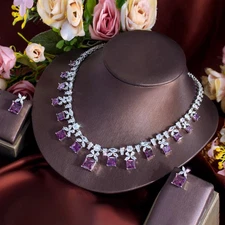 Chic Leaf Square Princess Cut Purple Cubic Zirconia Necklace Earring Jewelry Set