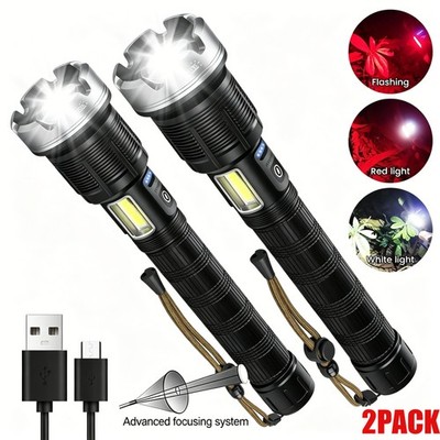2X Super Bright P90 LED Flashlight USB Charging Zoomable Torch COB Caming Light
