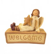 Primitive Welcome Angel Block Figurine Shelf Sitter 4.25" Tall