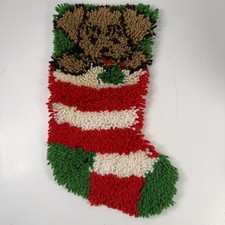 Vintage Handmade Latch Hook Christmas Stocking Teddy Bear Holly Red White Green