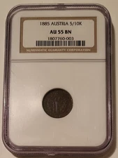 NGC Austria 1885 5/10 Kreuzer AU55 BN*