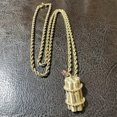 Vintage 14k Solid Gold Dynamite Pendant on 20  Rope Chain Necklace 12.3g Total
