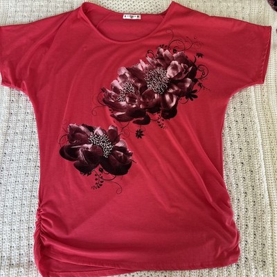 Women s XL Agenda Side Runched Long Length Flower Sequin Pink Short Sleeve Top