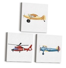 Set of 3 Watercolor Airplane Nursery Transportation Canvas Wall Art Framed 8
