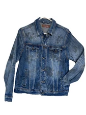 Crysp Denim Distressed Denim Jacket Mens  Size M Made To Look Like Oil Stains