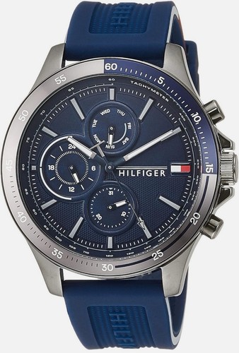 Tommy Hilfiger 1791721 Men's Gray Case Blue Rubber Band Black Dial Watch 46mm - Picture 2 of 5
