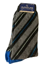 Mens Juncture Striped Fashion Socks Size 6-12 Gray With Blue & Black Accents