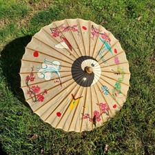 Vintage Hand-Painted Asian Paper Parasol Cherry Blossoms Ying Yang 36" Diameter
