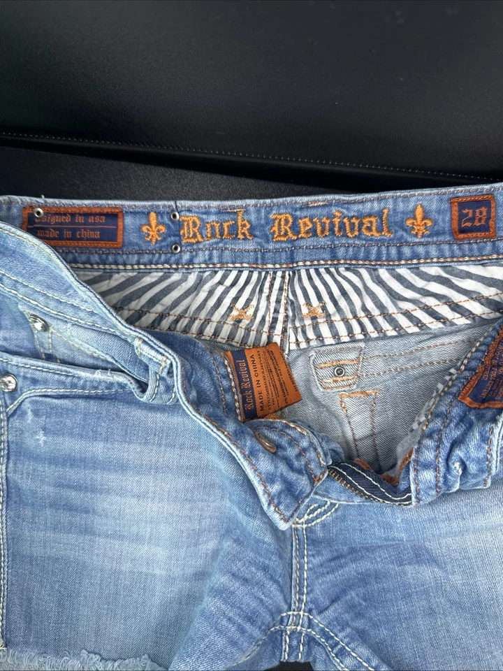 Rock Revival Mujer’s 28 Lt Azul Cortes Estrás Solapa Bolsillos Cuero y Denim Foto 2 de 4