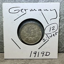 1919 D Germany 1/2 Mark Silver Coin Weimar