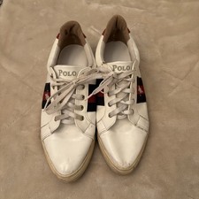 Vintage Polo Ralph Lauren Women s White Leather Sneakers. Sz 7 Red/Blue Polo.