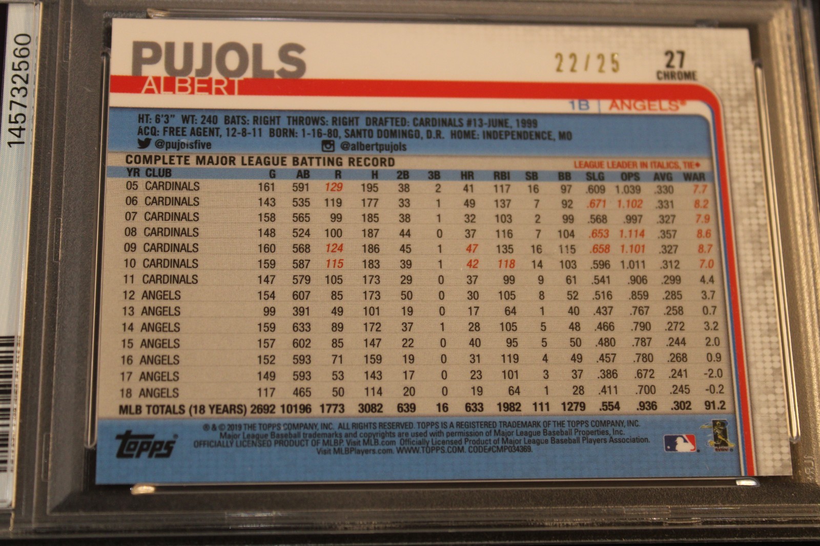 2019 Topps Chrome - Orange Refractor - Albert Pujols 22/25 - PSA GEM MINT 10 view 4