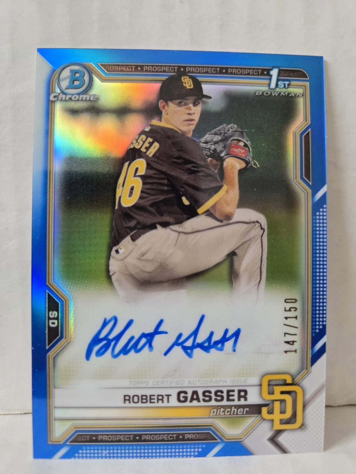 Robert Gasser 2021 Bowman Chrome Draft Blue Refractor Auto /150 1st Prospect RC
