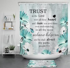Teal Daisy Floral Bible Verse Christian Shower Curtain Set for Bathroom Decor