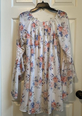Honeyme Curvy Floral Bell Sleeve Mini Dress Pink Blue Lace Boho Lined XL