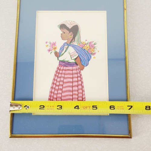 Luis Betanzos Vintage Mexican Folk Art Print Girl with Flowers Brass Framed 7x9" - Picture 7 of 9