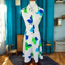 60s Mod Retro Collared Dress Blue Green Turquoise Vintage House Wife Size 18