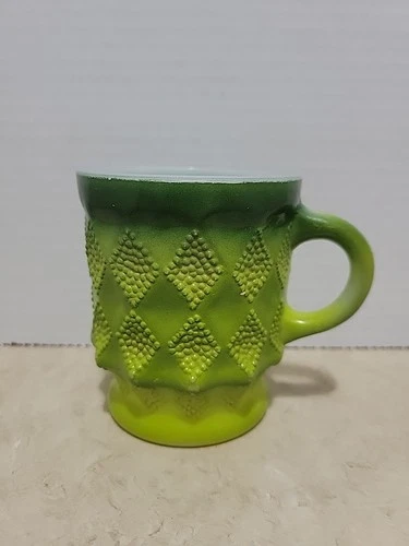 Vintage Fire King Kimberly Coffee Mug Green Diamond Pattern Cup Anchor Hocking
