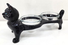 Black Kitty Cat Cast Iron Food Water Raised Dish Bowl Holder Stand 16in w/ bowls