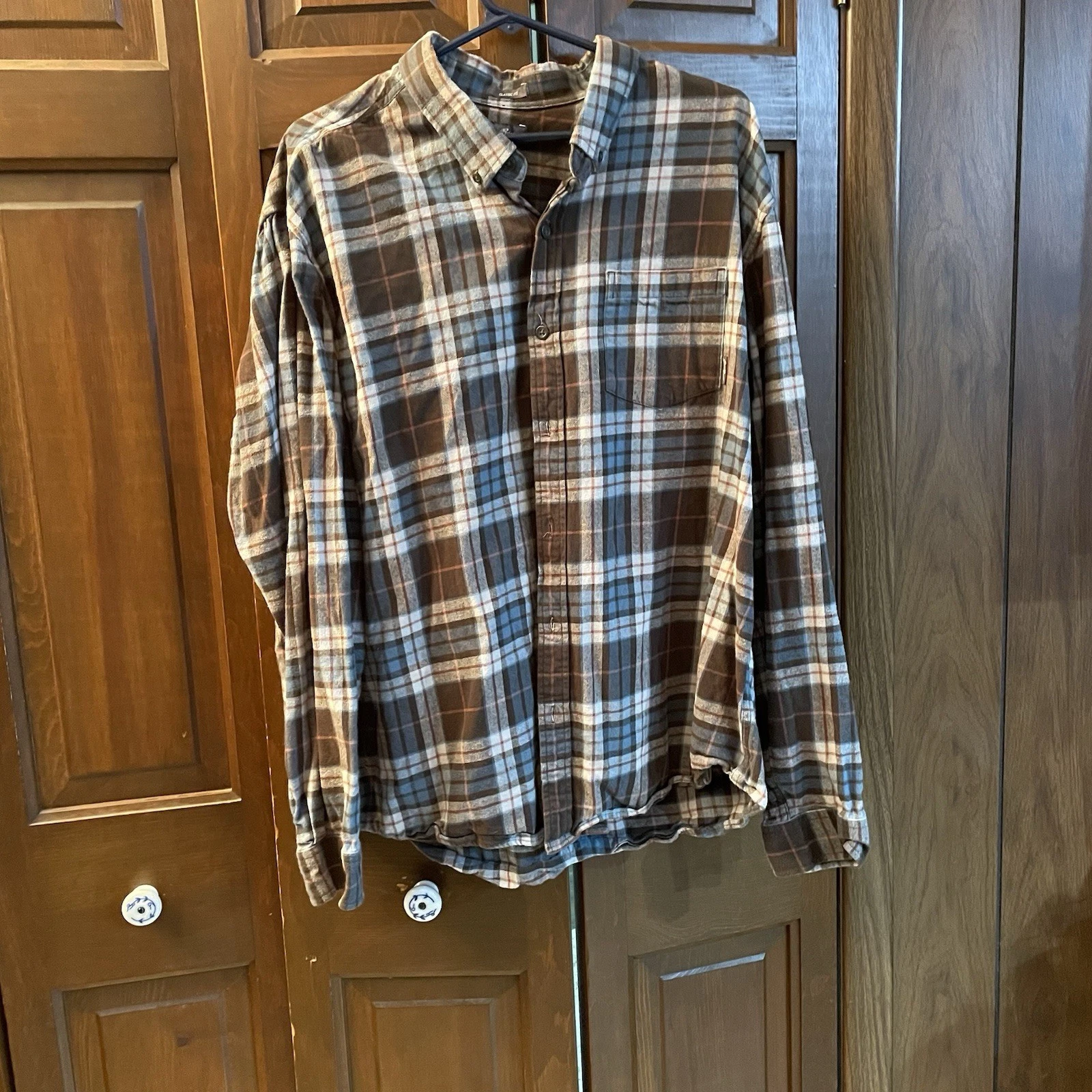 Eddie Bauer Classic Fit Shirt Mens 2XL Blue Brown Flannel Plaid Button-Down