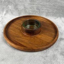 DANSK IHQ teak MCM ROUND CHIP AND DIP TRAY WITH GREEN GLASS BOWL, Denmark