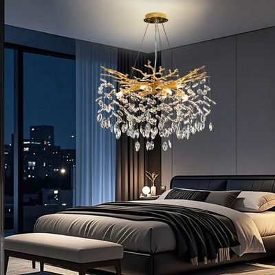 Modern Chandelier Crystal Light Height-Adjustable Golden Ceiling Pendant Lamp
