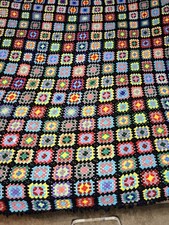 Vintage Handmade Crochet Granny Square Afghan Blanket Black Multicolor 118x86