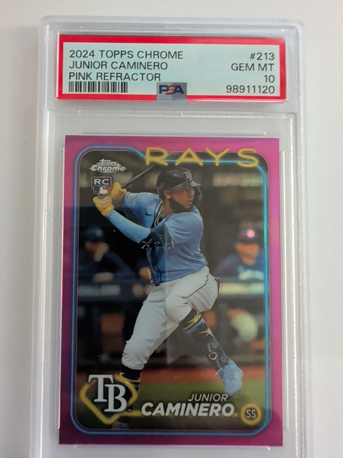 2024 TOPPS CHROME PINK REFRACTOR #213 JUNIOR CAMINERO PSA 10