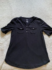 Croft & Barrow Women Short Sleeve Pockets Henley Blouse Black Size S