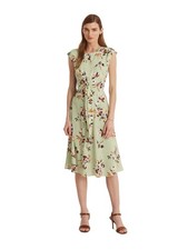 LAUREN RALPH LAUREN Green Floral Cap Sleeve Dress Polyester Petite Size 14P $145