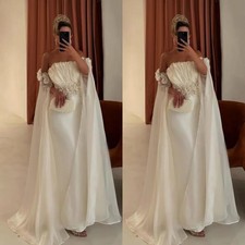 Flared Sleeve A-Line Wedding Dress Off Shoulder 3D Flowers Pleats Bridal Gown