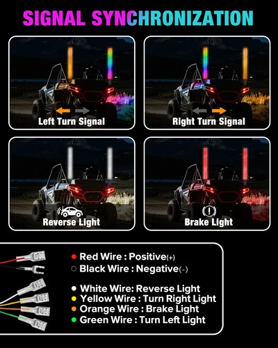 2X 1-4FT ATV UTV COB LED Fat Whip Lights RGB Spiral Chasing App & Remote Control - Picture 12 of 35