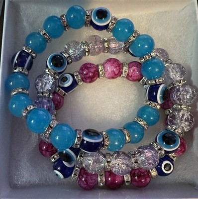 Evil Eye Bracelet Stack Set Blue Pink Clear Stretch Bracelets From Greece New