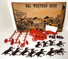 Vintage 1950s Rel Western Playset Figures Horses Riders Wagon Plastics Corp Box