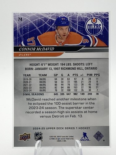 2024-25 Upper Deck Series 1 - #74 Connor McDavid - 第 2/2 張圖片