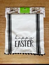 NEW Reversible Table Runner Pom Black White Stripe Happy Easter 13x54